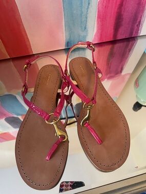 Coach Hot Pink Leather T-Strap Sandals with Gold Hardware